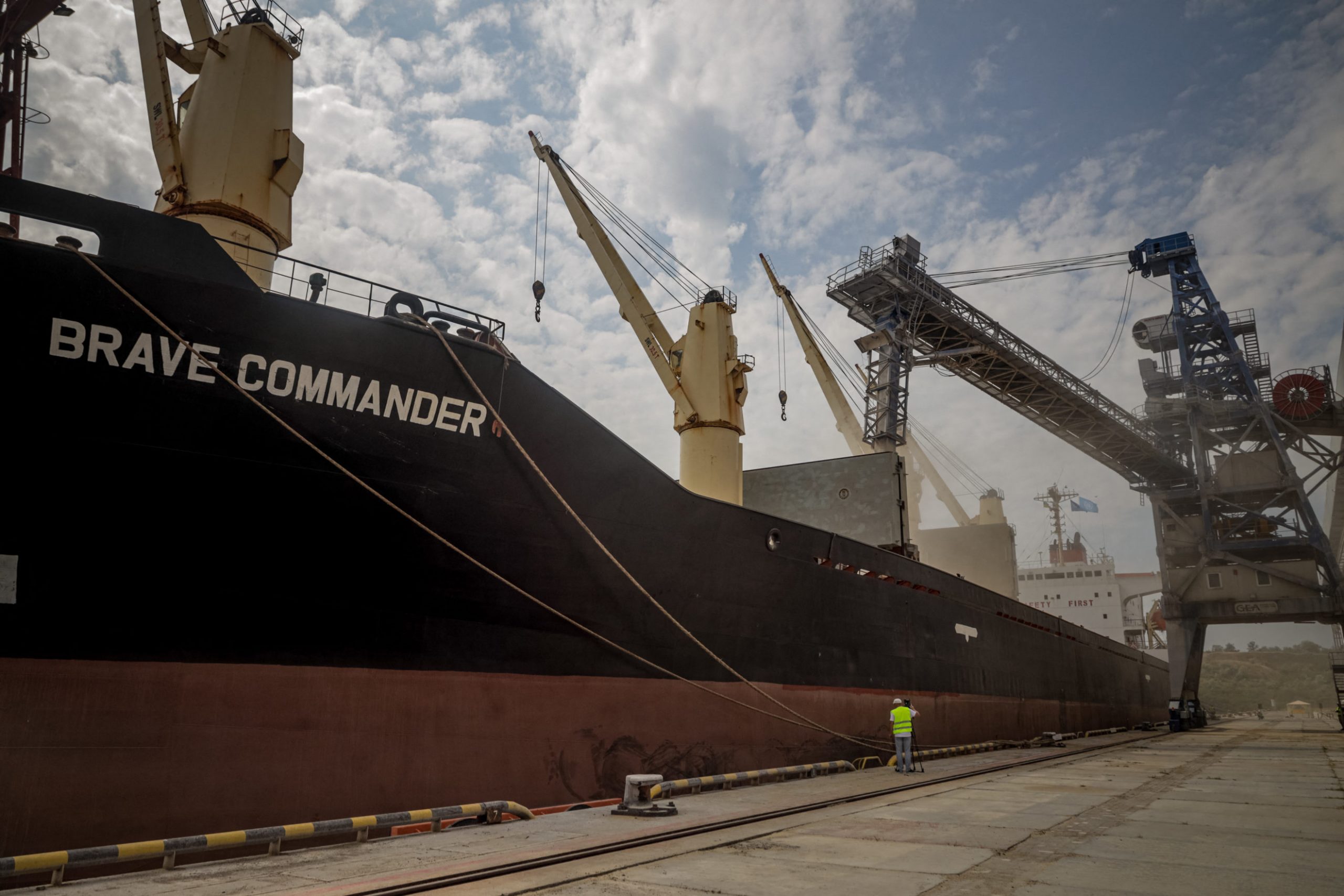 The first UN-chartered vessel MV Brave Commander loads more than 23,000 tonnes of grain to export to Ethiopia, in Yuzhne, east of Odessa on the Black Sea coast, on August 14, 2022. - On July 22, 2022 Kyiv and Moscow signed a landmark deal with Turkey to unblock Black Sea grain deliveries, following Russia's invasion of Ukraine. UN's World Food Programme has purchased an initial 30,000 tonnes of Ukrainian wheat. MV Brave Commander has a capacity of 23,000 tonnes. (Photo by OLEKSANDR GIMANOV / AFP) (Photo by OLEKSANDR GIMANOV/AFP via Getty Images)